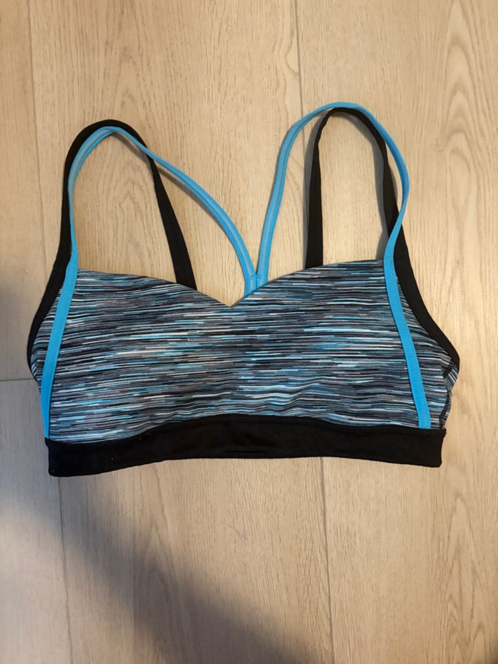 Zella Strappy Back Black and Blue Striped Sports Bra